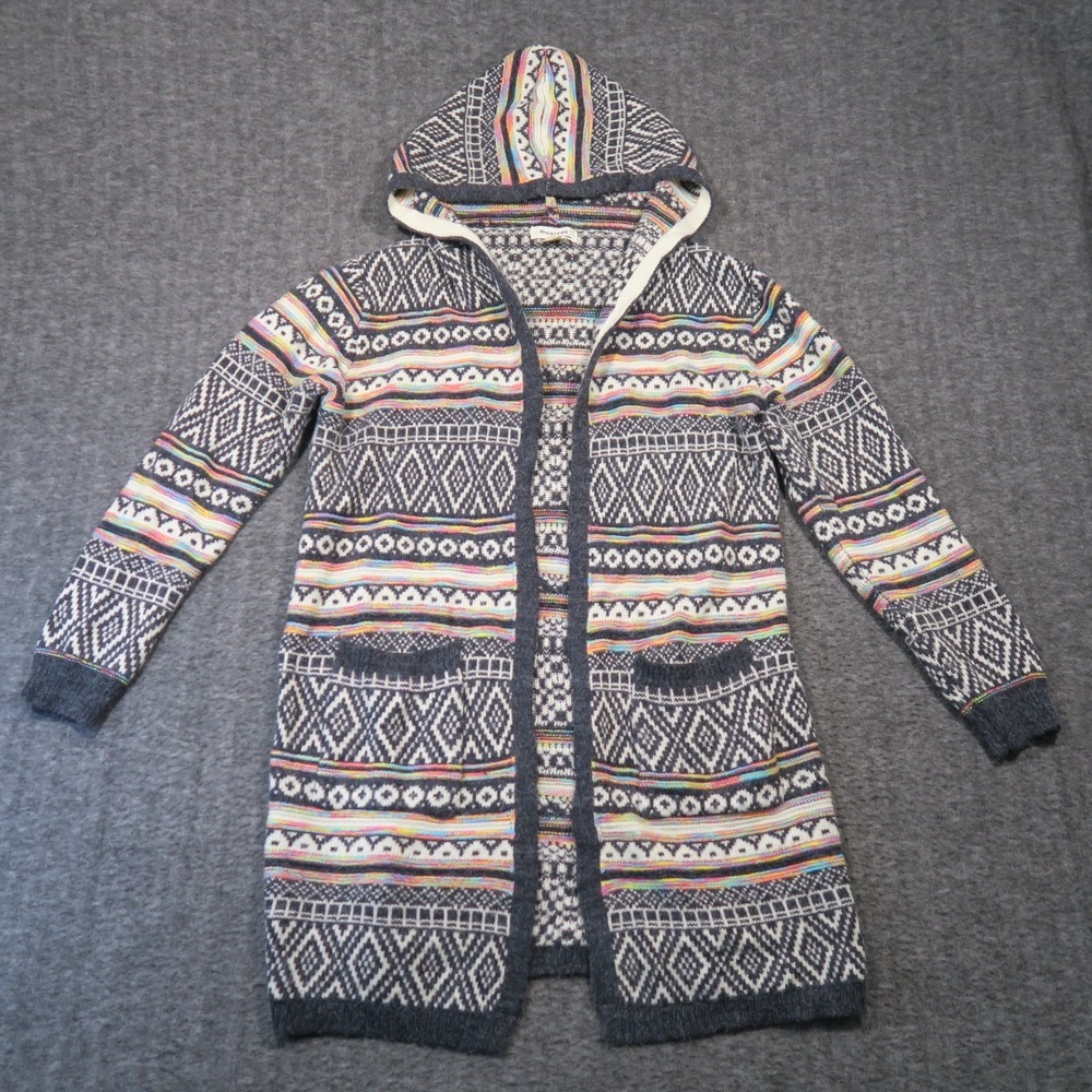 Monteau Hooded Duster Cardigan M Rainbow Intarsia Pockets Aztec Boho Festival - Picture 2 of 11